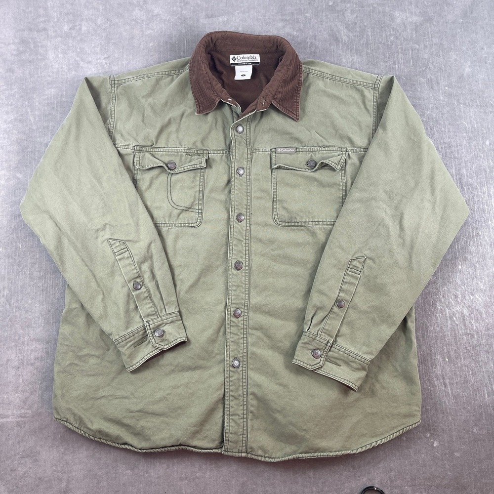 Columbia Mens L Green Shirt Jacket Fleece Lined Corduroy Collar Canvas AM7536